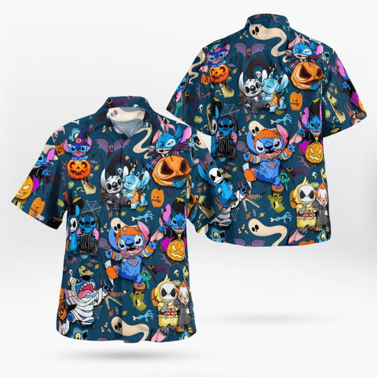 Stitch Halloween Fan Gift,Stitch 3 Halloween Hawaiian Graphic Print Short Sleeve 