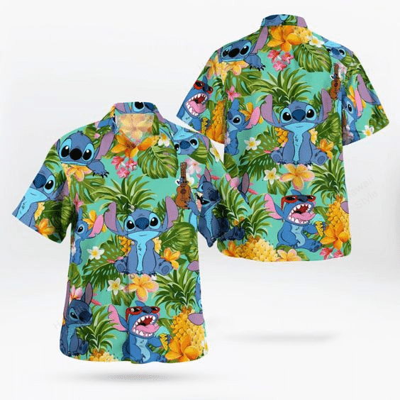 Stitch Tropical Aloha Hawaiian Graphic Print Short Sleeve 