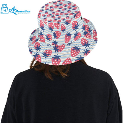 Strawberry pattern blue lines background Unisex Bucket Hat