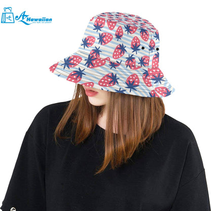 Strawberry pattern blue lines background Unisex Bucket Hat