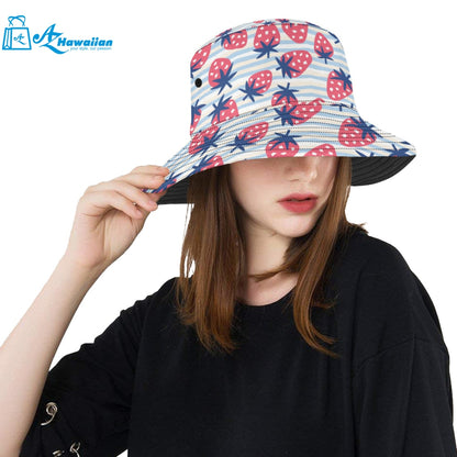 Strawberry pattern blue lines background Unisex Bucket Hat