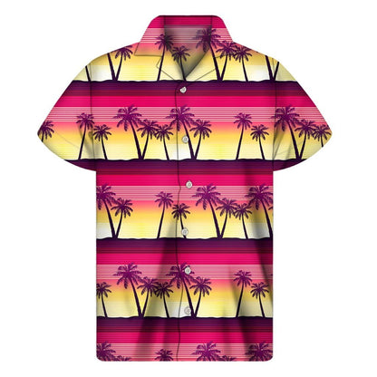 Sunset Palm Tree Pattern Print Mens Short Sleeve Shirt Hawaiian