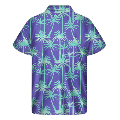 Teal Palm Tree Pattern Print Mens Short Sleeve Shirt Hawaiian