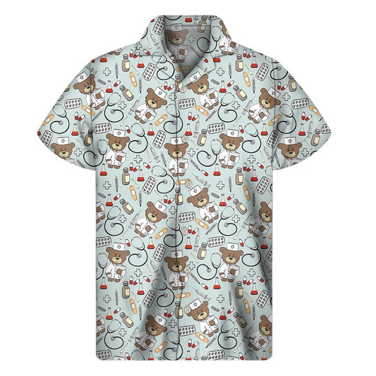 Teddy Bear Doctor Pattern Print Mens Short Sleeve Shirt Hawaiian