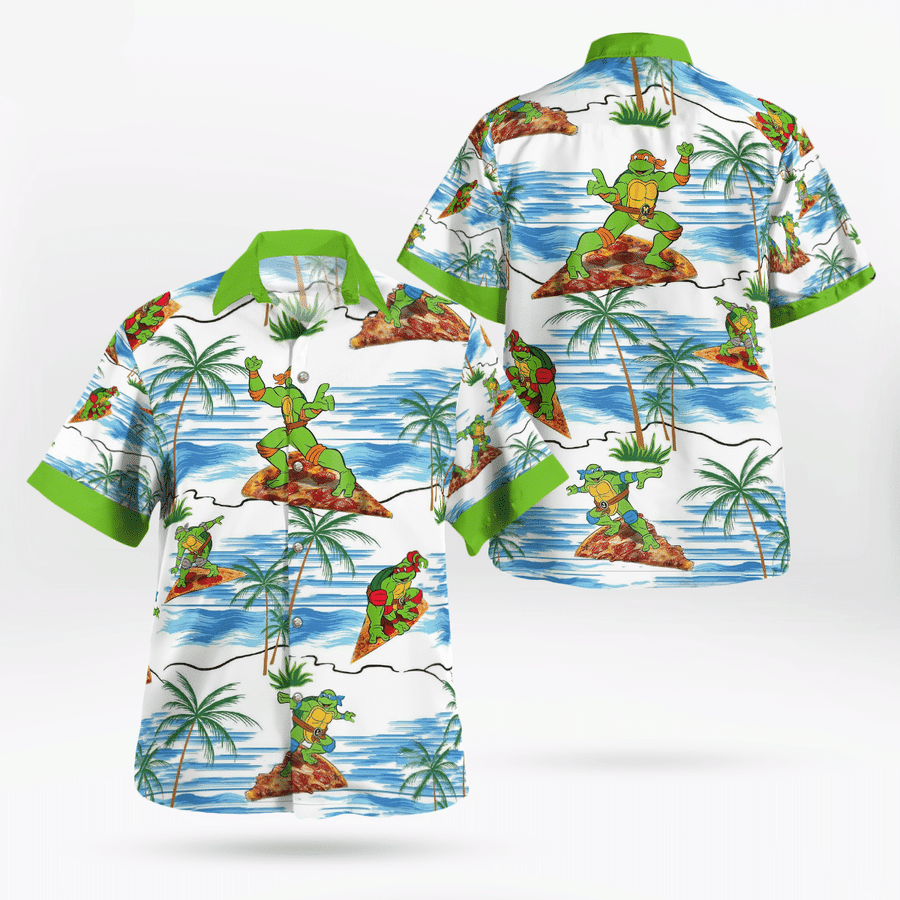 Teenage Mutant Ninja Turtles Pizza Surfing Beach Hawaiian Graphic Print Short Sleeve 