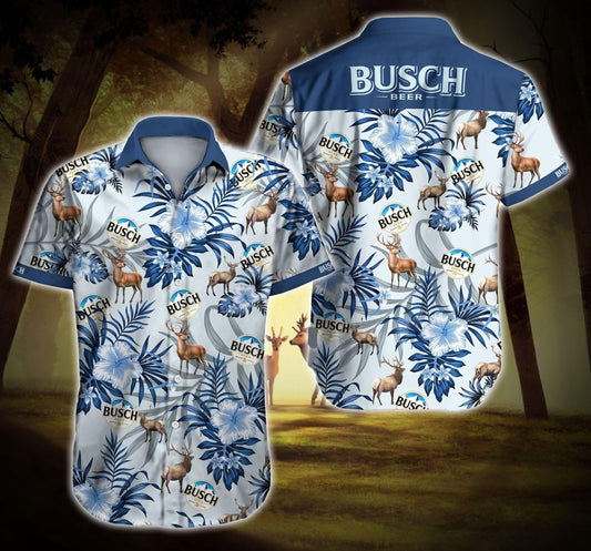 Tlmus Busch Beer Deer Hunting Hawaiian Graphic Print Short Sleeve 