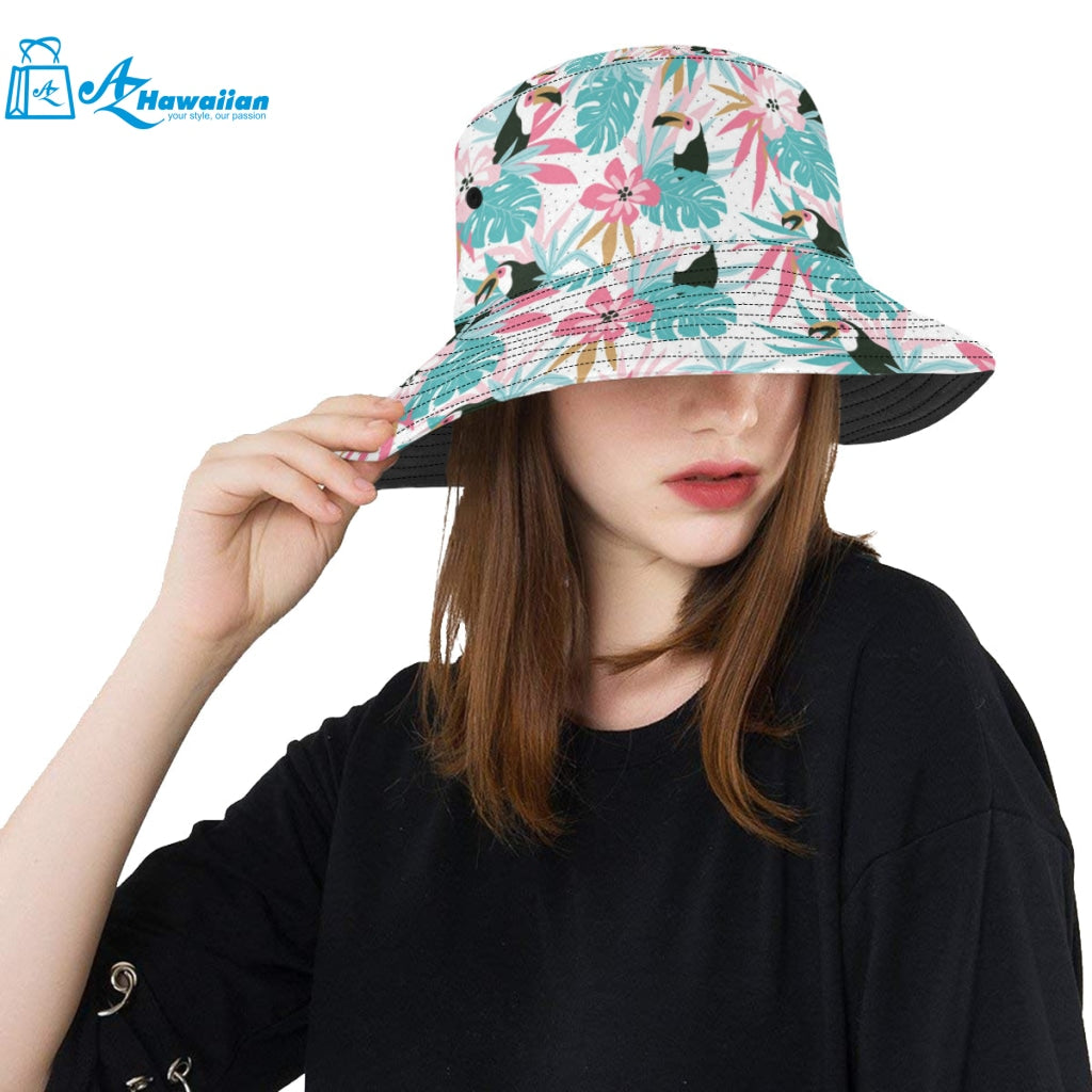 Toucan tropical flower leave pattern Unisex Bucket Hat