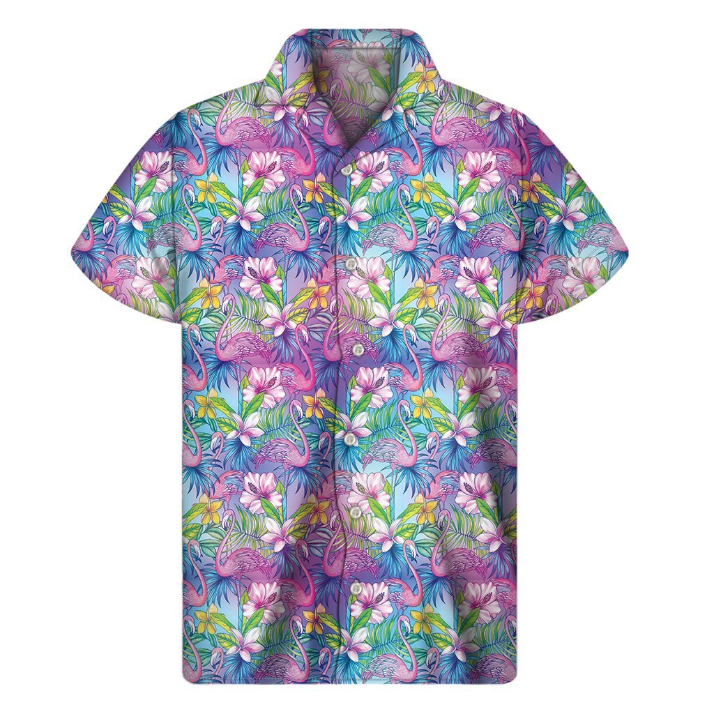 Tropical Flamingo And Hibiscus Print Mens Short Sleeve Shirt Hawaiian