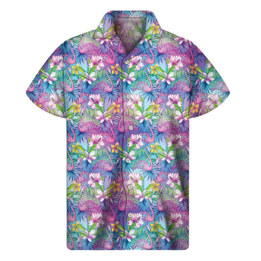 Tropical Flamingo And Hibiscus Print Mens Short Sleeve Shirt Hawaiian