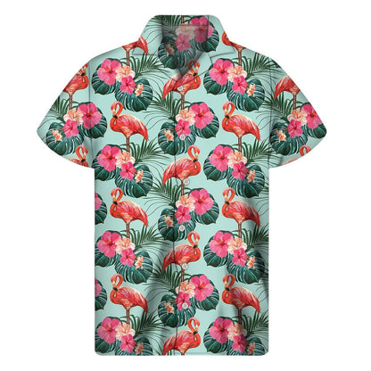 Tropical Floral Flamingo Pattern Print Mens Short Sleeve Shirt Hawaiian