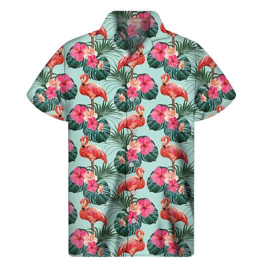 Tropical Floral Flamingo Pattern Print Mens Short Sleeve Shirt Hawaiian