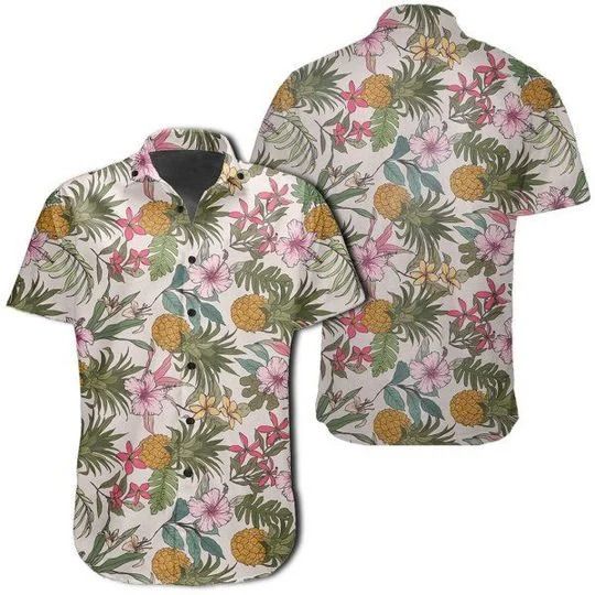 Tropical Pineaapple Hawaiian Graphic Print Short Sleeve 