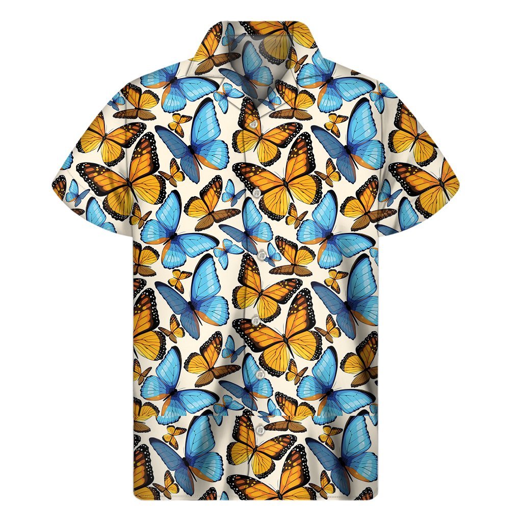 Turquoise And Orange Butterfly Print Mens Short Sleeve Shirt Hawaiian