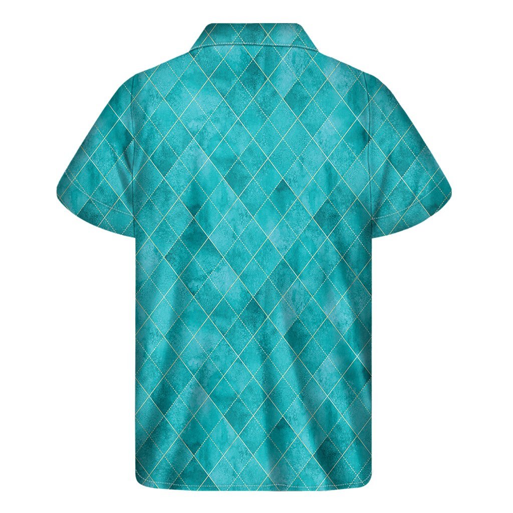 Turquoise Argyle Pattern Print Mens Short Sleeve Shirt Hawaiian
