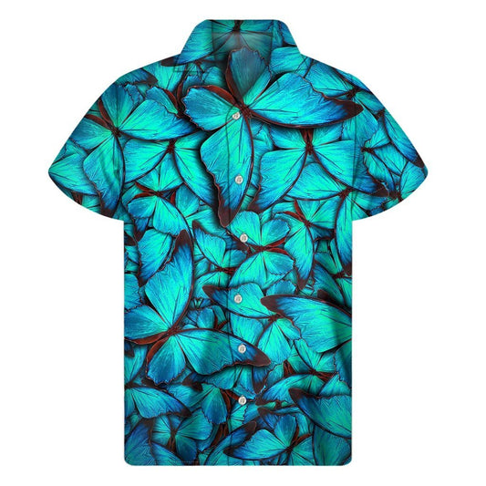 Turquoise Butterfly Pattern Print Mens Short Sleeve Shirt Hawaiian