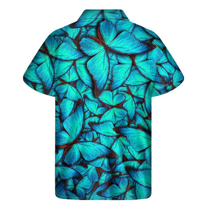 Turquoise Butterfly Pattern Print Mens Short Sleeve Shirt Hawaiian