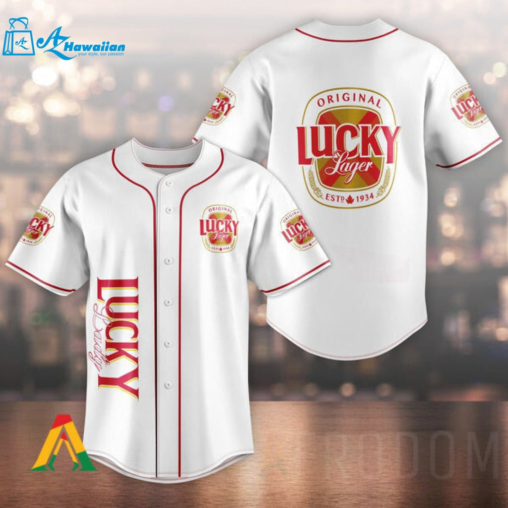 Unisex White Lucky Lager Beer Baseball Jersey