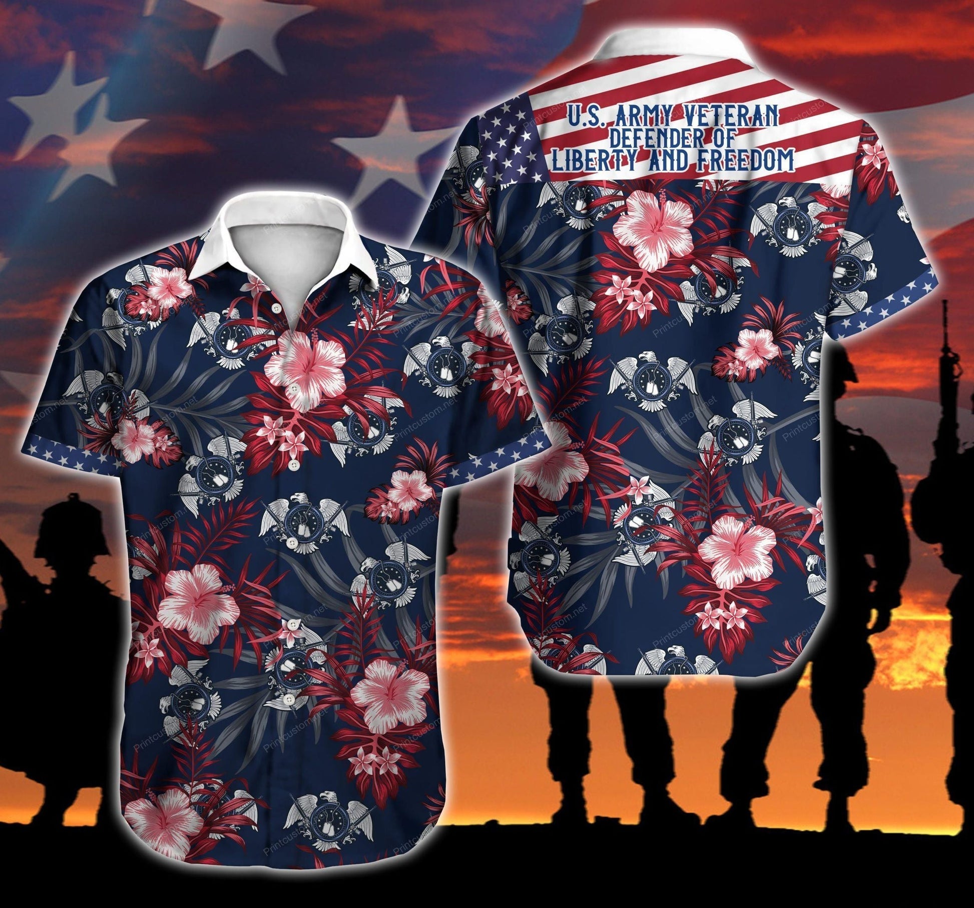 Us Army Veteran Defender Of Liberty And Freedom Hawaiian Graphic Print Short Sleeve 