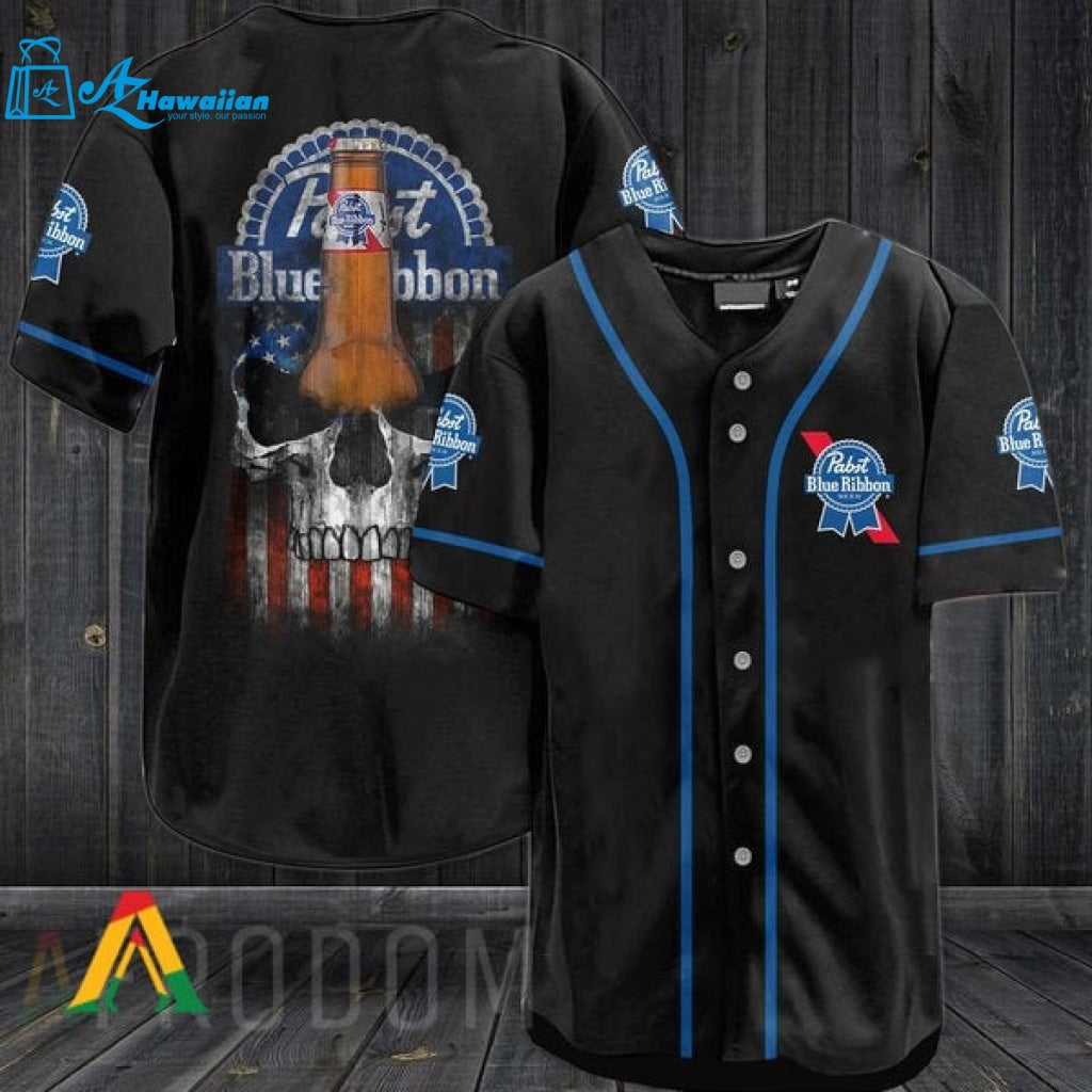 US Flag Black Skull Pabst Blue Ribbon Baseball Jersey