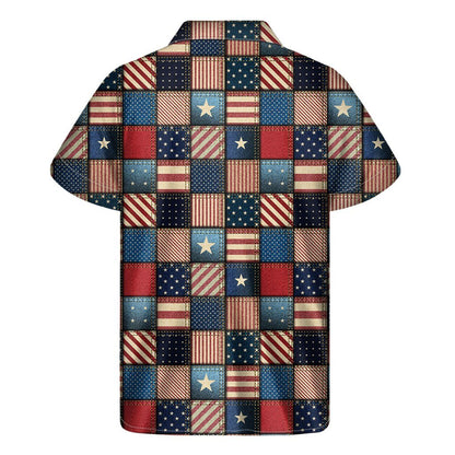 Usa Denim Patchwork Pattern Print Mens Short Sleeve Shirt Hawaiian