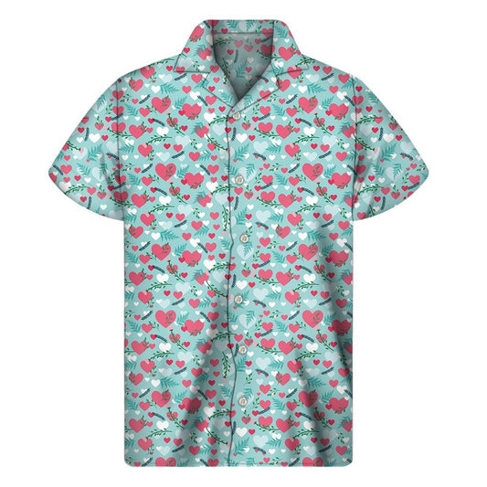 Valentines Day Heart And Flower Print Mens Short Sleeve Shirt Hawaiian