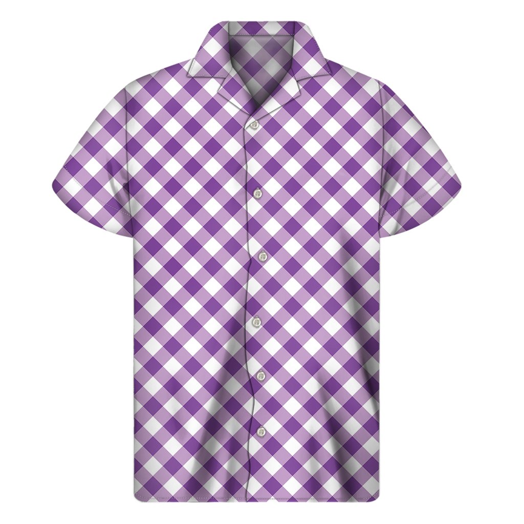 Violet And White Gingham Pattern Print Mens Short Sleeve Shirt Hawaiian