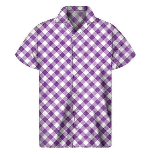 Violet And White Gingham Pattern Print Mens Short Sleeve Shirt Hawaiian