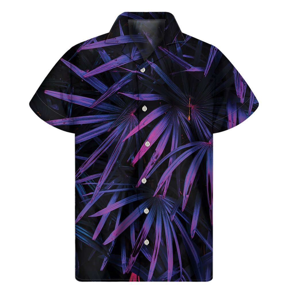 Violet Tropical Leaves Print Mens Short Sleeve Shirt Hawaiian