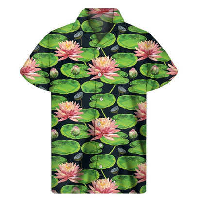 Water Lily Flower Pattern Print Mens Short Sleeve Shirt Hawaiian