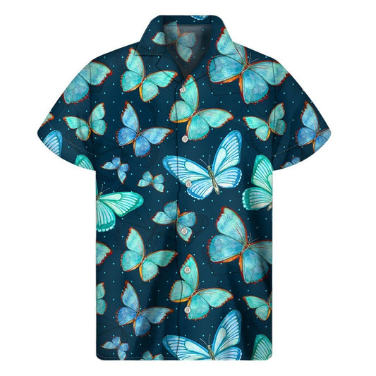 Watercolor Blue Butterfly Pattern Print Mens Short Sleeve Shirt Hawaiian