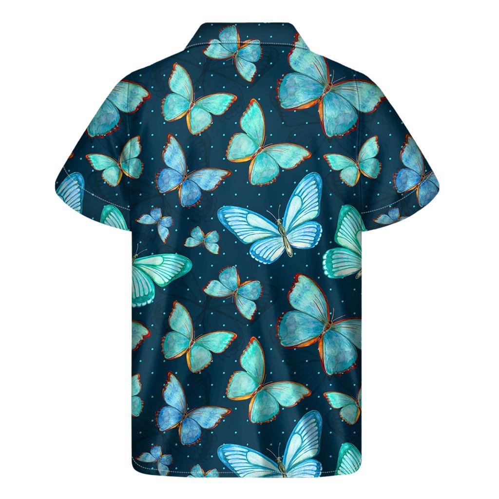 Watercolor Blue Butterfly Pattern Print Mens Short Sleeve Shirt Hawaiian