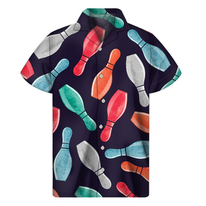 Watercolor Bowling Pins Pattern Print Mens Short Sleeve Shirt Hawaiian