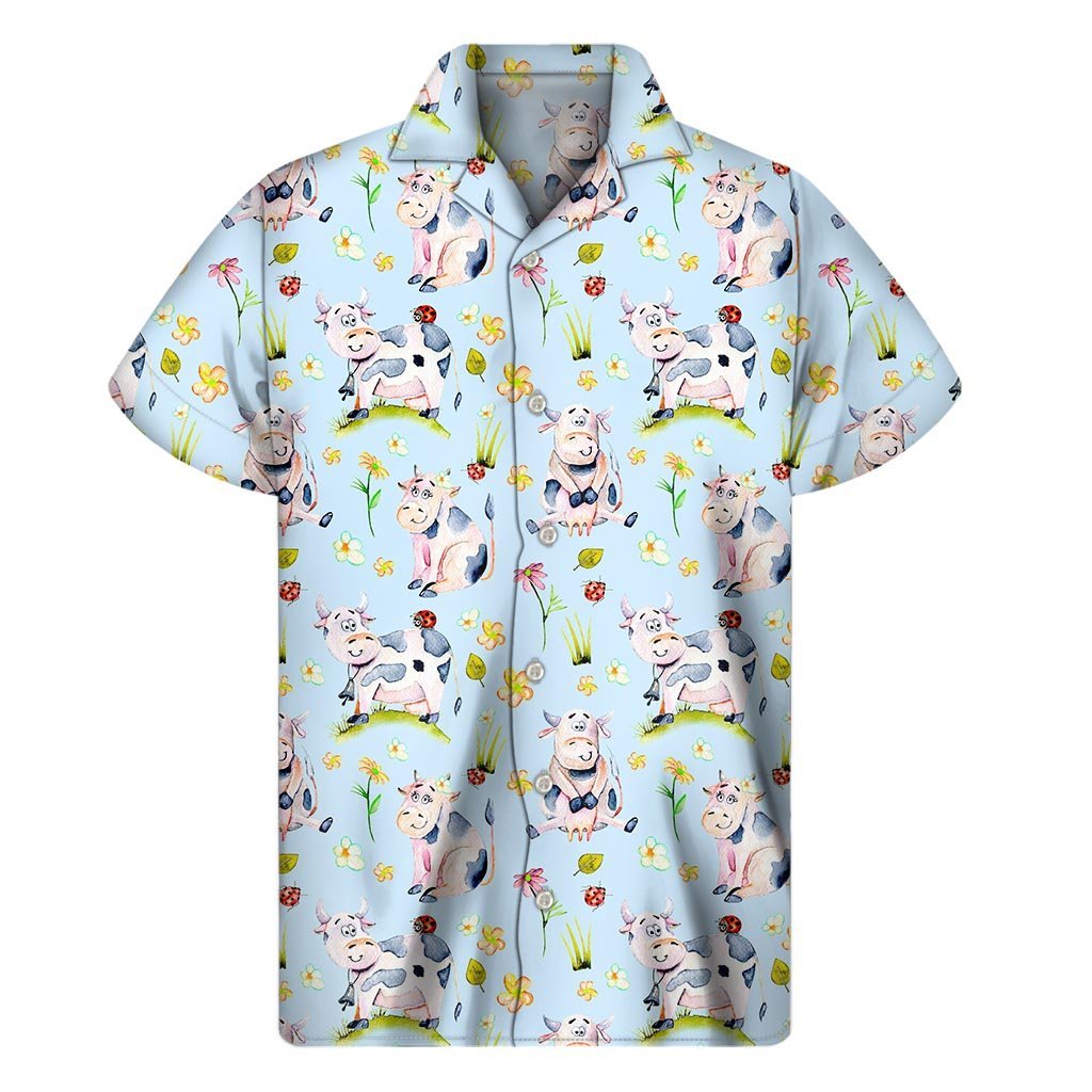 Watercolor Cartoon Cow Pattern Print Mens Short Sleeve Shirt Hawaiian