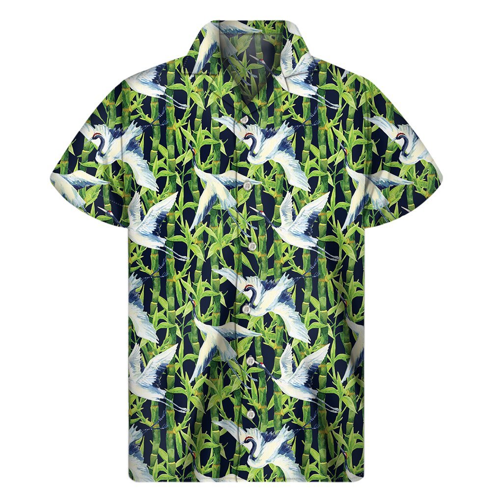 Watercolor Crane Bird Pattern Print Mens Short Sleeve Shirt Hawaiian