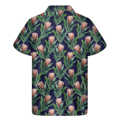 Watercolor Protea Pattern Print Mens Short Sleeve Shirt Hawaiian