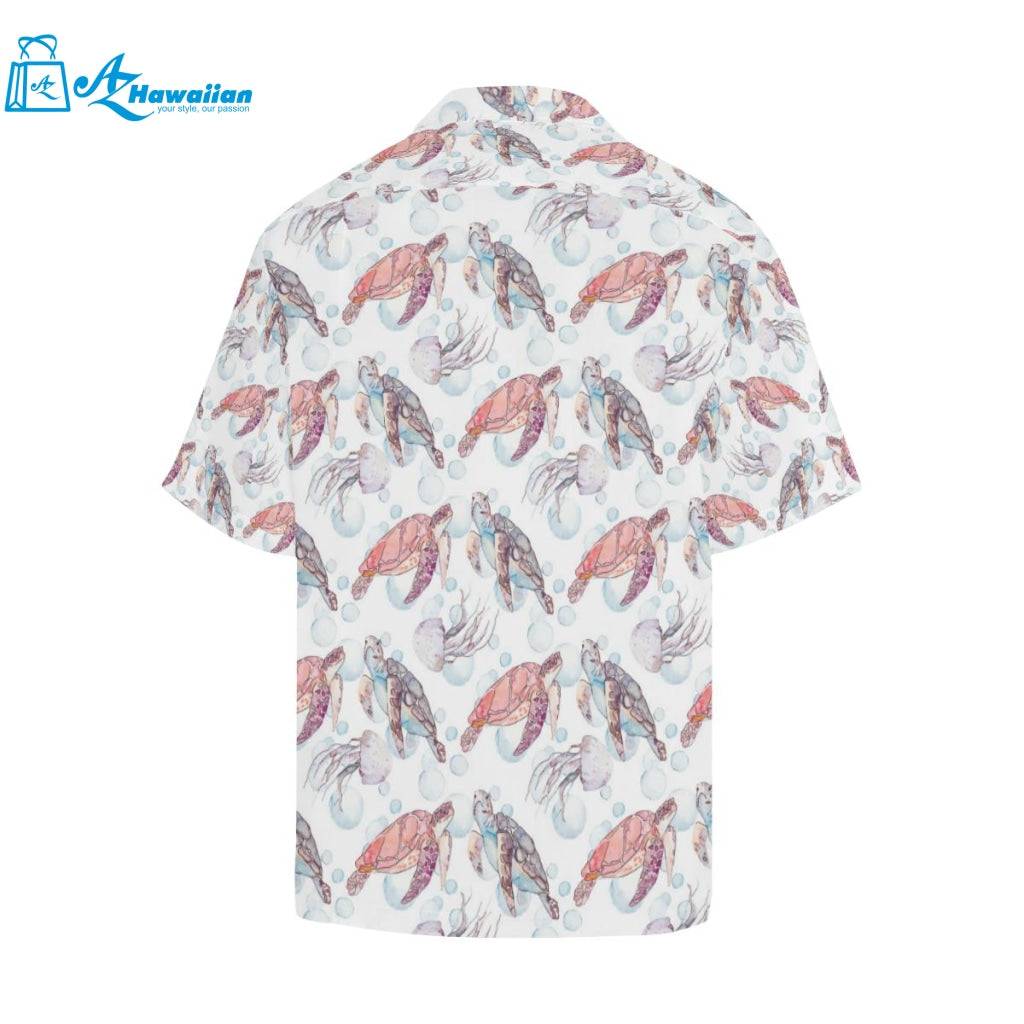 Watercolor Sea Turtle Jellyfish Pattern Mens All Over Print Hawaiian Shirt