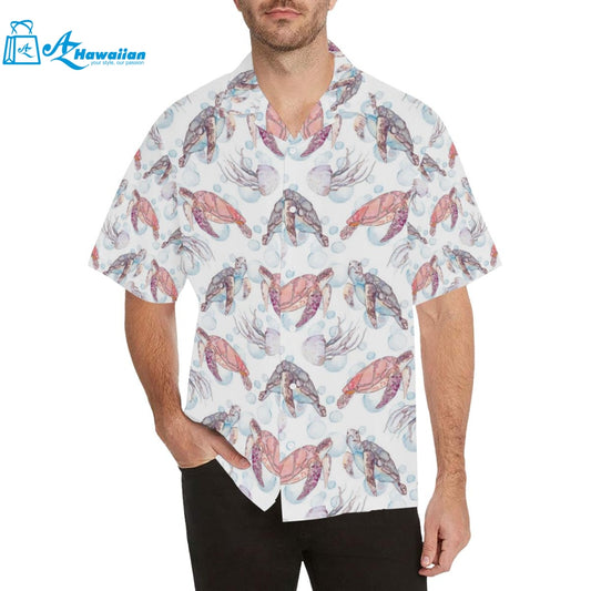 Watercolor Sea Turtle Jellyfish Pattern Mens All Over Print Hawaiian Shirt