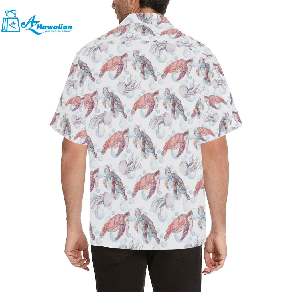 Watercolor Sea Turtle Jellyfish Pattern Mens All Over Print Hawaiian Shirt