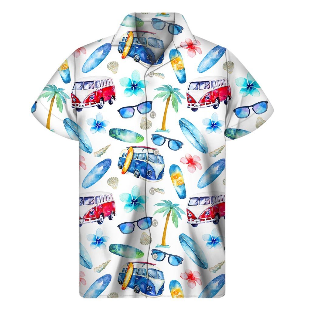 Watercolor Surfing Pattern Print Mens Short Sleeve Shirt Hawaiian