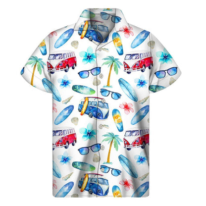 Watercolor Surfing Pattern Print Mens Short Sleeve Shirt Hawaiian