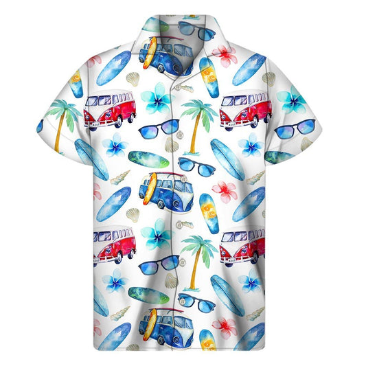 Watercolor Surfing Pattern Print Mens Short Sleeve Shirt Hawaiian