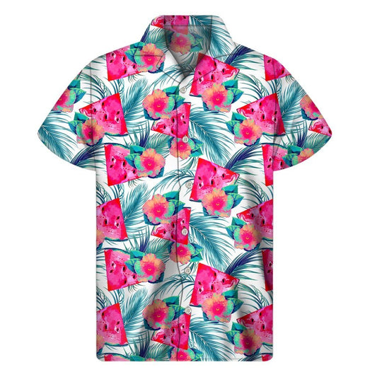 Watermelon Teal Hawaiian Pattern Print Mens Short Sleeve Shirt