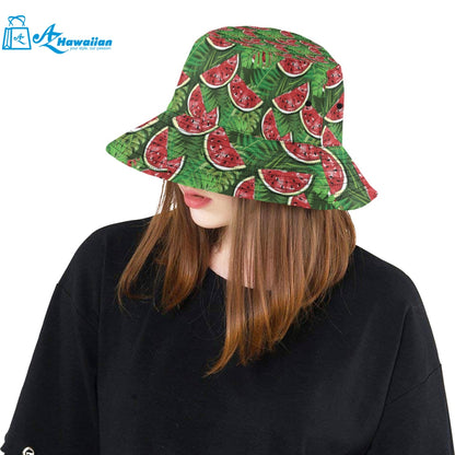 Watermelons tropical palm leaves pattern backgroun Unisex Bucket Hat