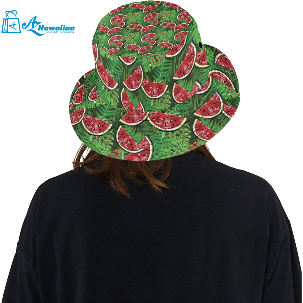 Watermelons tropical palm leaves pattern backgroun Unisex Bucket Hat