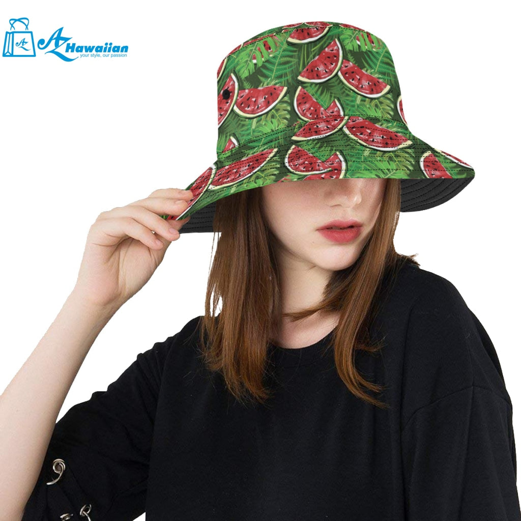 Watermelons tropical palm leaves pattern backgroun Unisex Bucket Hat