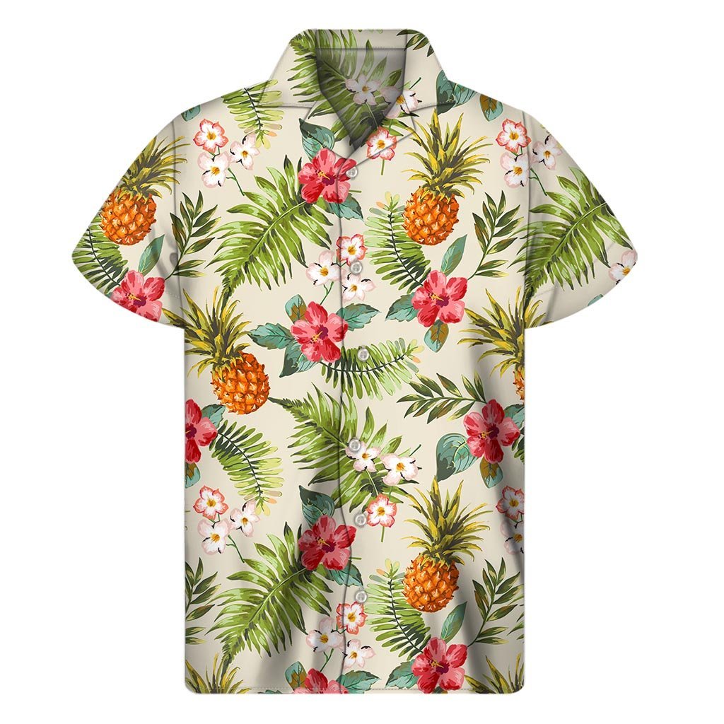 White Aloha Pineapple Pattern Print Mens Short Sleeve Shirt Hawaiian