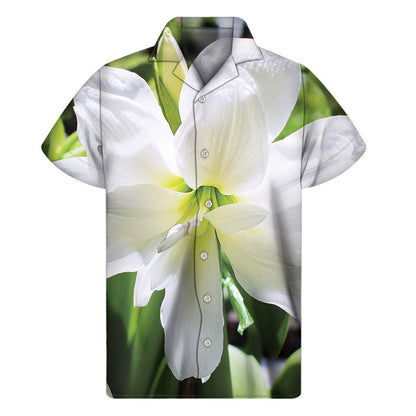 White Amaryllis Print Mens Short Sleeve Shirt Hawaiian