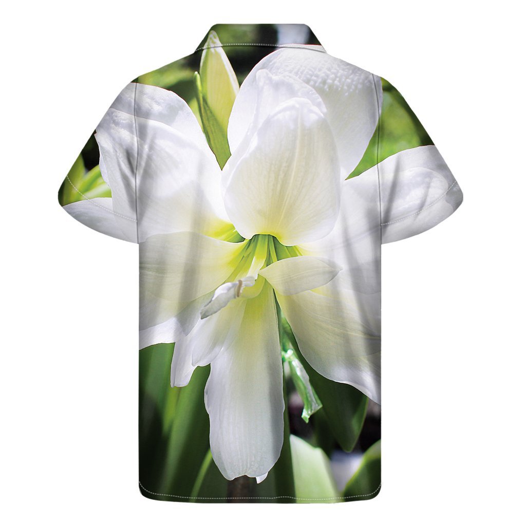 White Amaryllis Print Mens Short Sleeve Shirt Hawaiian