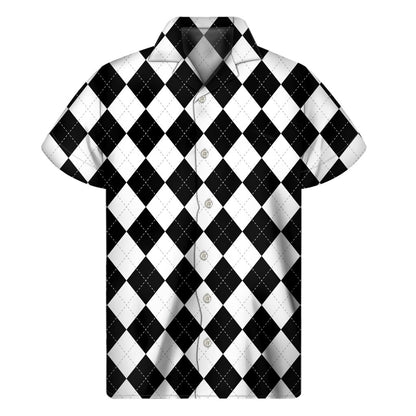 White And Black Argyle Pattern Print Mens Short Sleeve Shirt Hawaiian