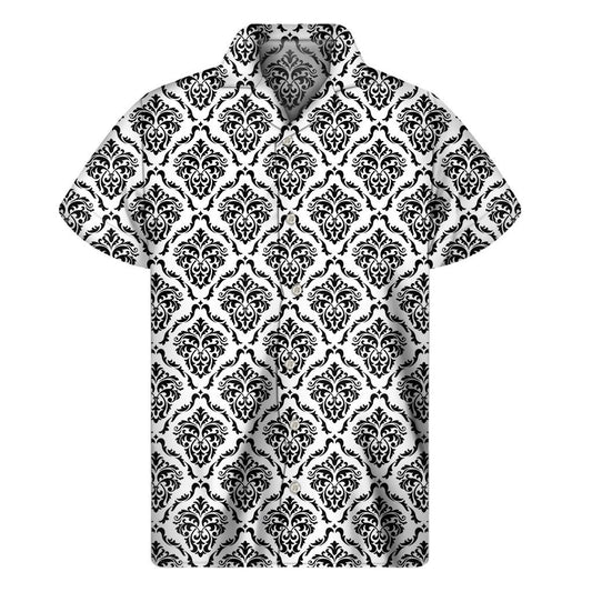 White And Black Damask Pattern Print Mens Short Sleeve Shirt Hawaiian